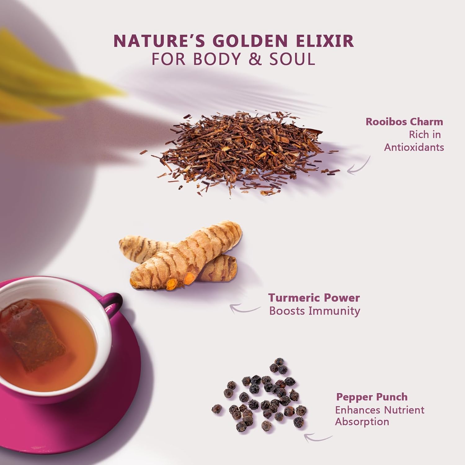 Olinda Turmeric Rooibos and Pepper Herbal Tea Organic Caffeine Free Tea for Weight Loss Detox and Antioxidant Support 28 Tea Bags Hot or Cold Brew