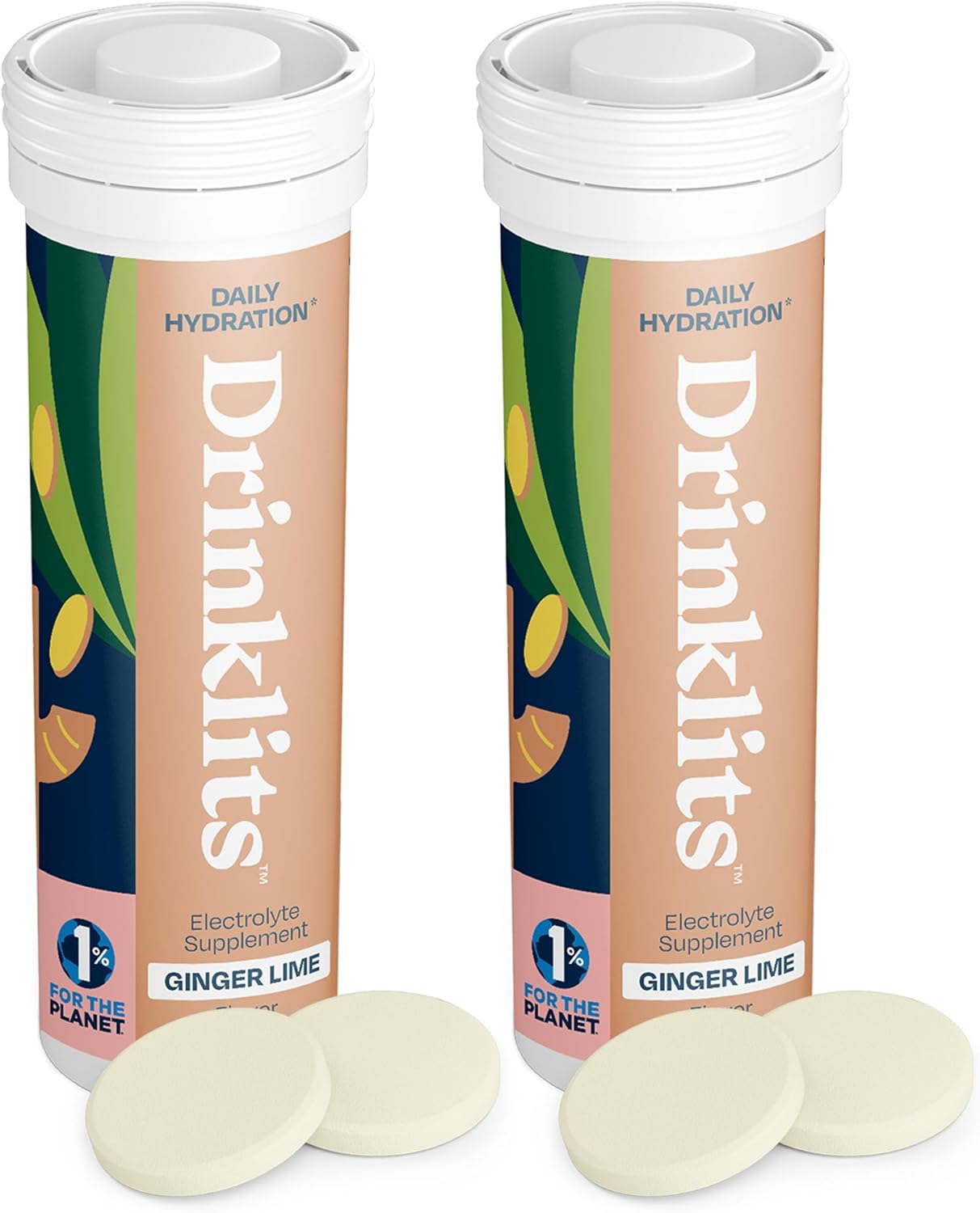 Drinklits Ginger-Lime Daily Hydration Tablets (2) Tube Bundle | Made with Organic Ginger – 0g Sugar – Essential Electrolytes | 20 Servings - 10 Tablets Per Tube