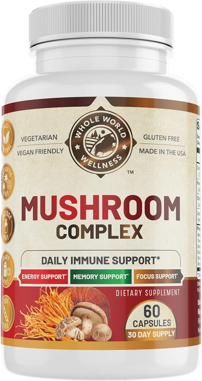 All Natural Mushroom Complex 10 in 1 | Daily Immune & Energy Support | Lions Mane, Chaga, Resihi | Gluten Free, Dairy Free, Soy Free | 60 Capsules | Made in The USA.