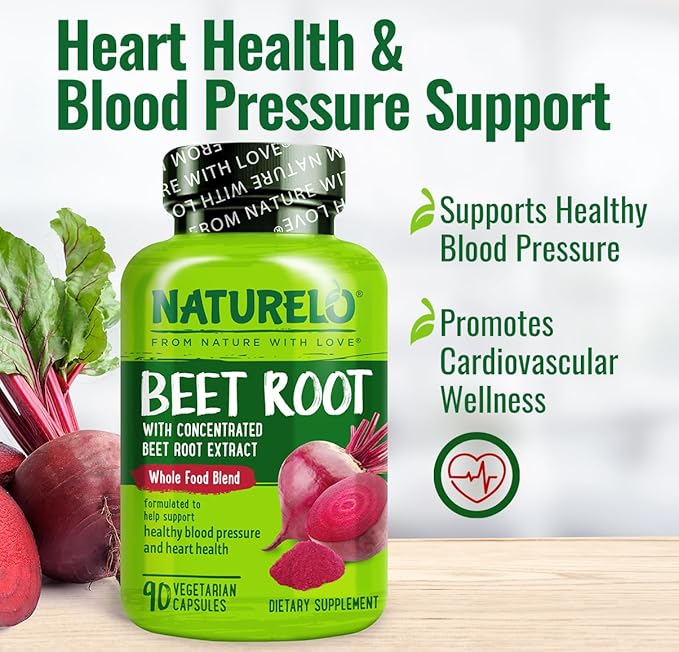 NATURELO Beet Root 90 Capsules – Heart Health & Blood Pressure Support* – 1000mg Beet Root Extract + Whole Food Blend – Non-GMO, Vegan, Gluten-Free