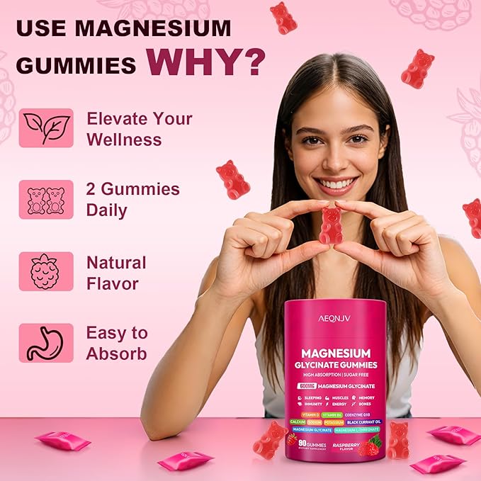 Magnesium Glycinate Gummies 600mg, High Absorption Magnesium Supplement, Sugar Free Chewables Gummies with L-Threonate, VitaminD & B6, CQ10 for Adults & Kids, Relax, Muscle & Zzz Support