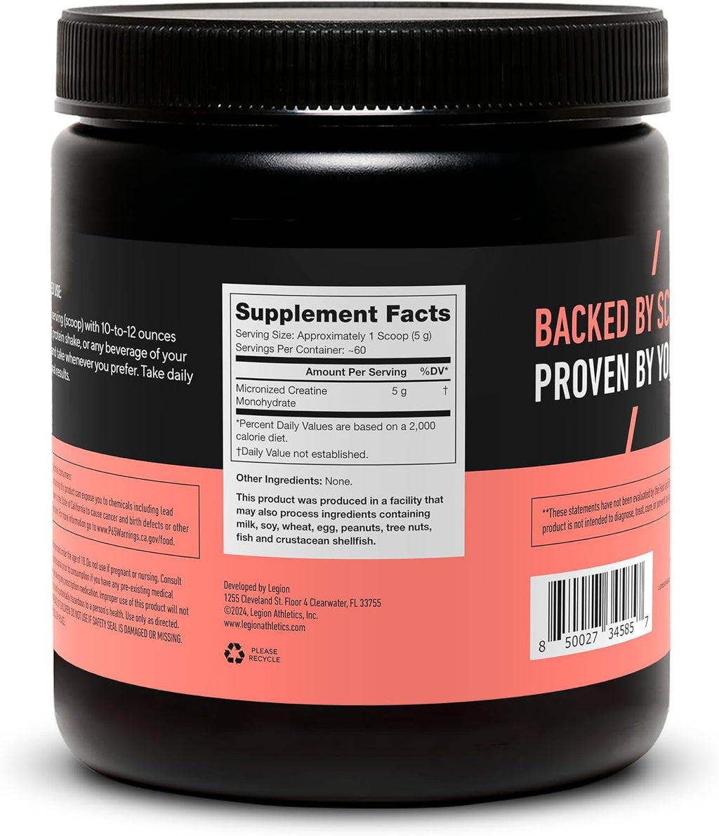 LEGION Micronized Creatine Monohydrate Supplement - Clean Creatine Powder for Muscle Gain & Post Workout Recovery - Micronized Creatine Supplement for Maximum Absorption (60 Servings, Unflavored)