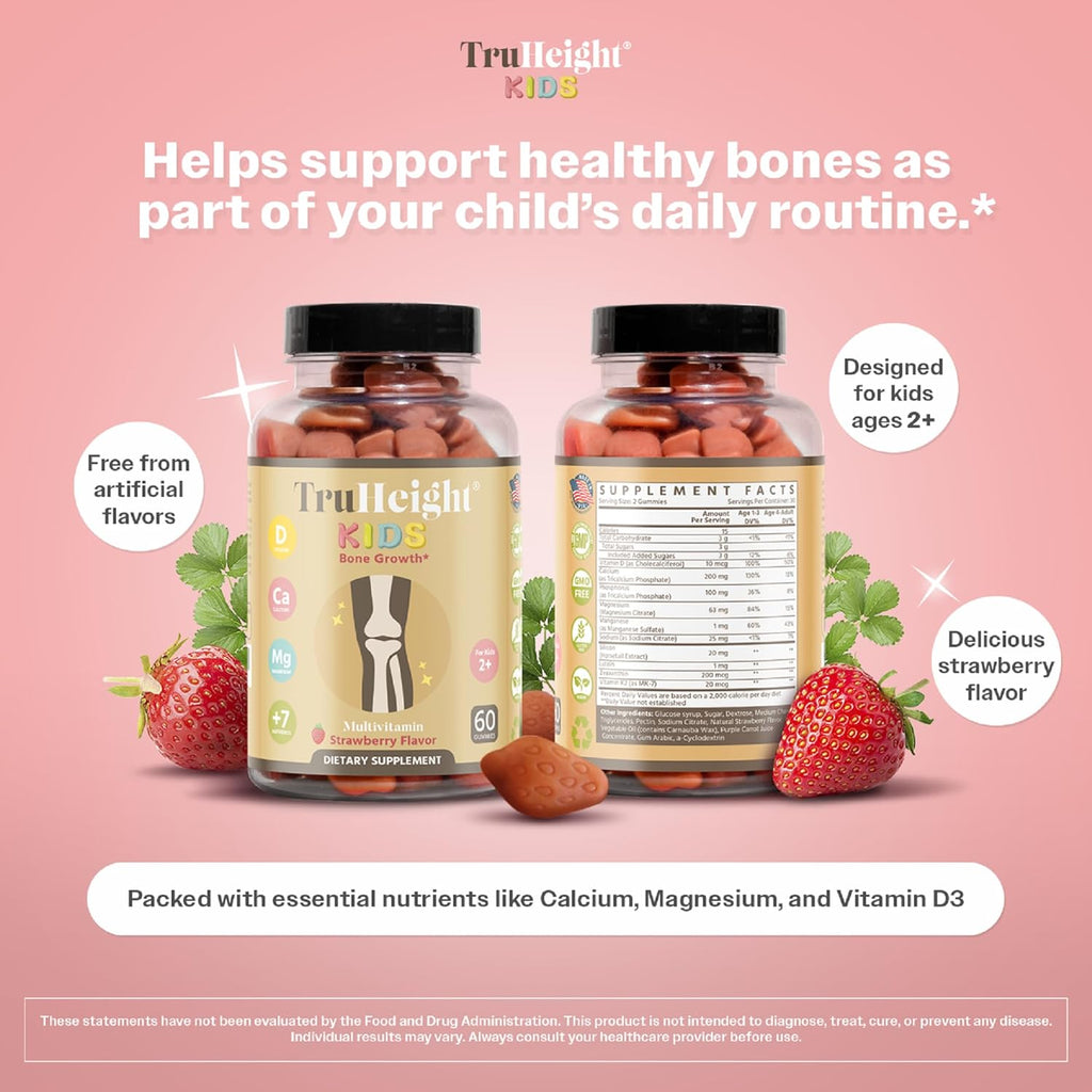 TruHeight Kids Bone Growth Gummies (Strawberry, Ages 2+) All Natural Kids & Toddler Vitamins - Vitamin D, Calcium, K2, Magnesium Multivitamin - Natural Growth & Development, Builds Strong Bones, Vegan