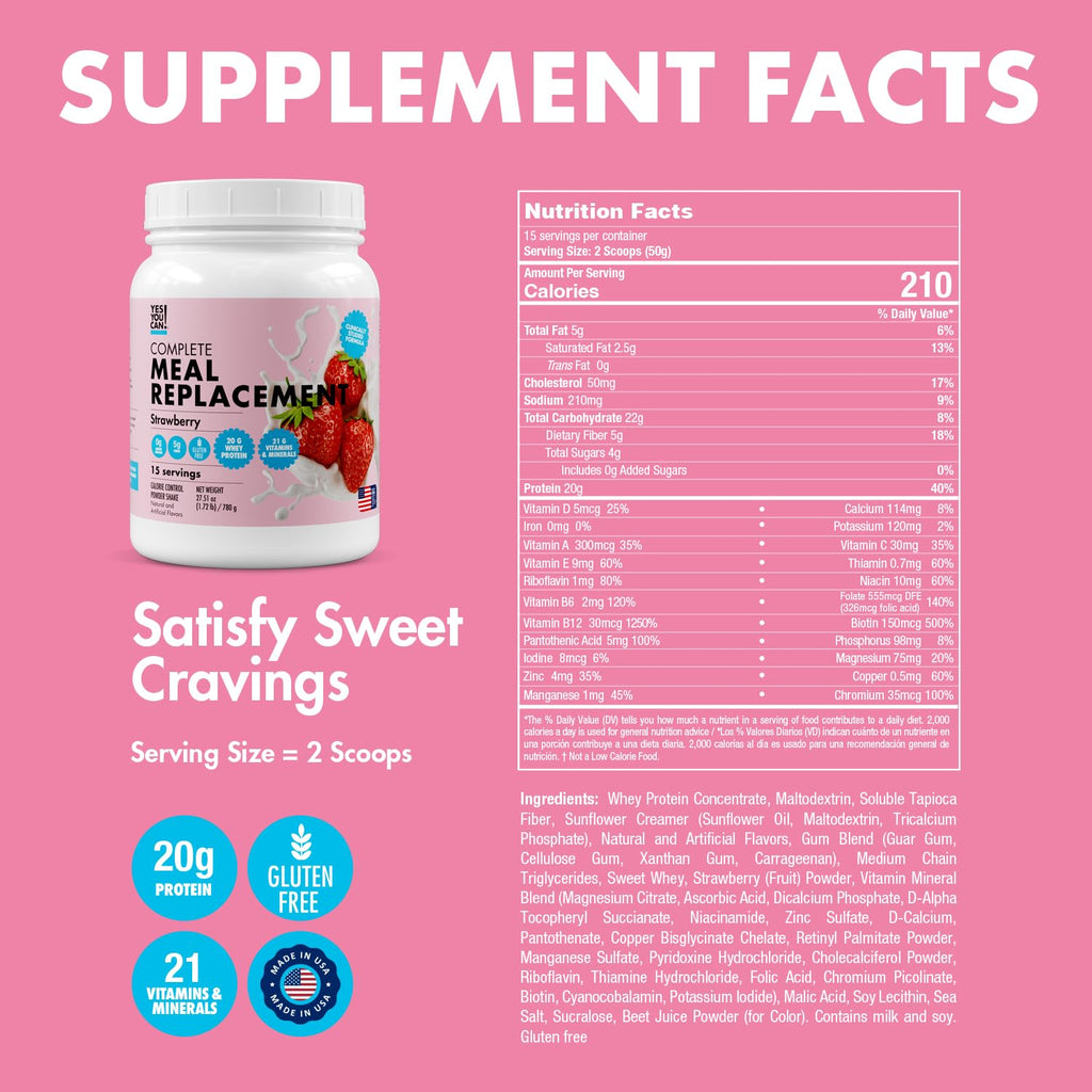 Yes You Can! Meal Replacement Shake - 20G Protein, 5G Fiber, 21 Vitamins & Minerals - Meal Replacement Protein Powder - Complete All-in-One Nutrition - 15 Servings (Strawberry)
