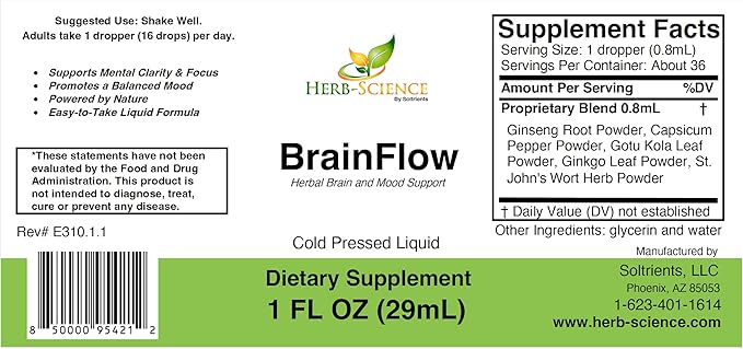 Herb-Science BrainFlow – Herbal Brain & Mood Support | Liquid Supplement with Ginkgo, Ginseng, Gotu Kola & St. John’s Wort | Focus, Clarity, Mood & Circulation | Alcohol-Free, 1 fl oz