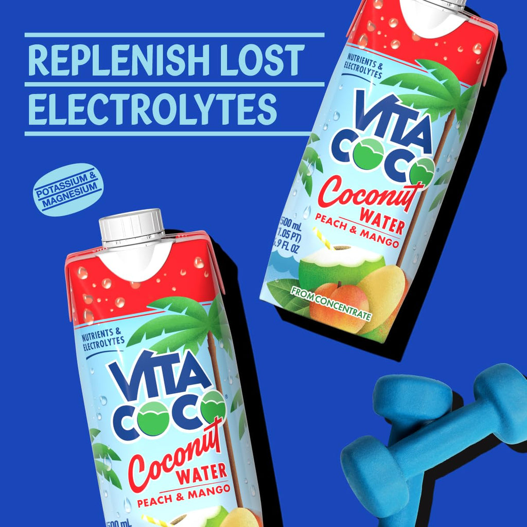 Vita Coco Coconut Water, Peach & Mango - Naturally Hydrating Electrolyte Drink - Smart Alternative to Coffee, Soda, and Sports Drinks - Gluten Free - 16.9 Fl Oz (Pack of 12)