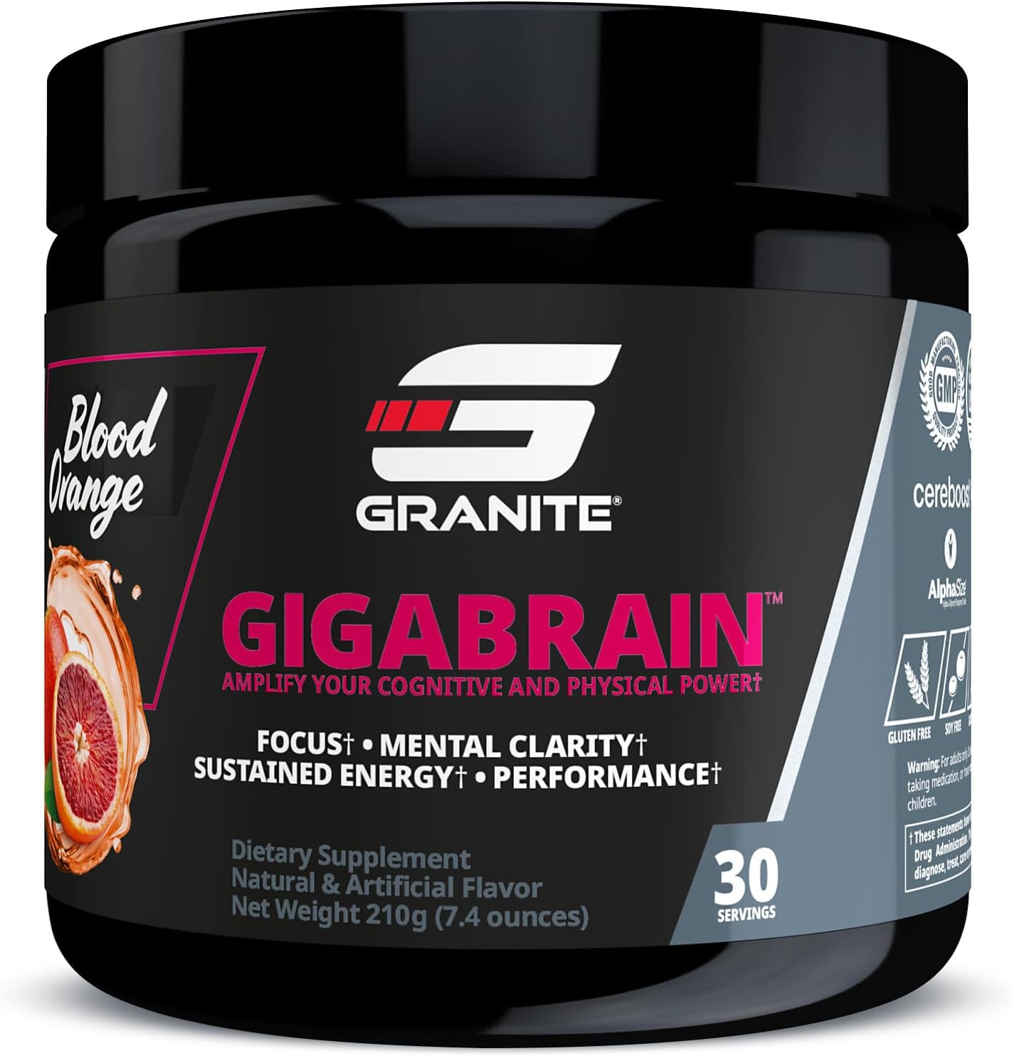 Granite Nutrition GigaBrain Nootropic Energy Powder – Cereboost, Alpha-GPC & ElevATP – Cognitive Focus Supplement for Sustained Energy & Performance – Blood Orange, 30 Servings