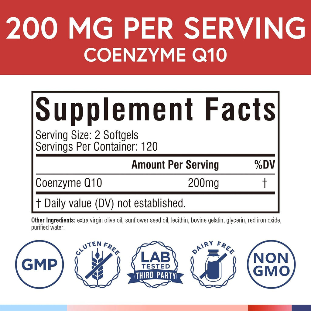 Terranics CoQ10 200mg, Coenzyme Q10 Supplement with Extra Virgin Olive Oil for Enhanced Absorption, Made in USA, Supports Heart Health, Antioxidant Protection, Energy Production, Non-GMO, 240 Softgels