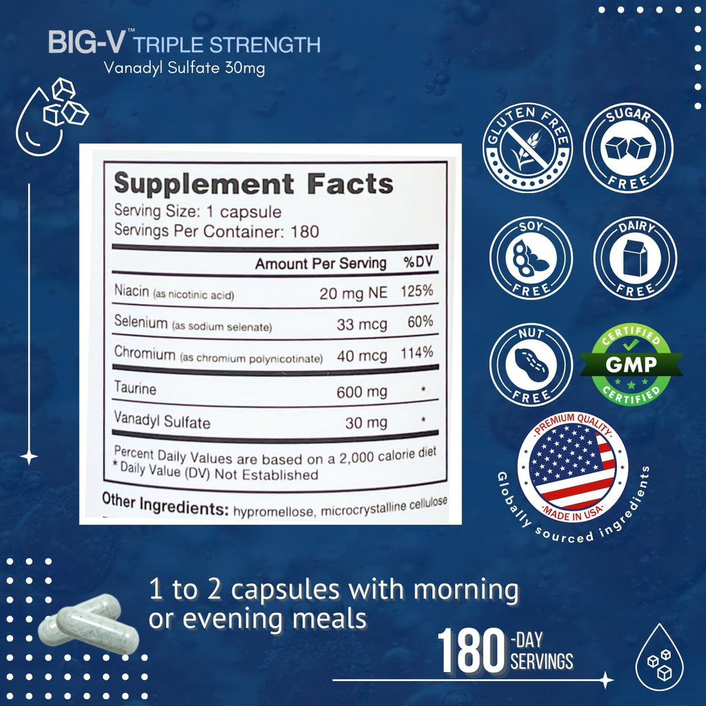 Big-V Triple Strength Vanadyl Supplement: Vanadyl Sulfate 30 mg, Taurine 600 mg, Selenium, Chromium and Niacin, Blended Mineral Supplement, 180 Capsules (180 Servings)