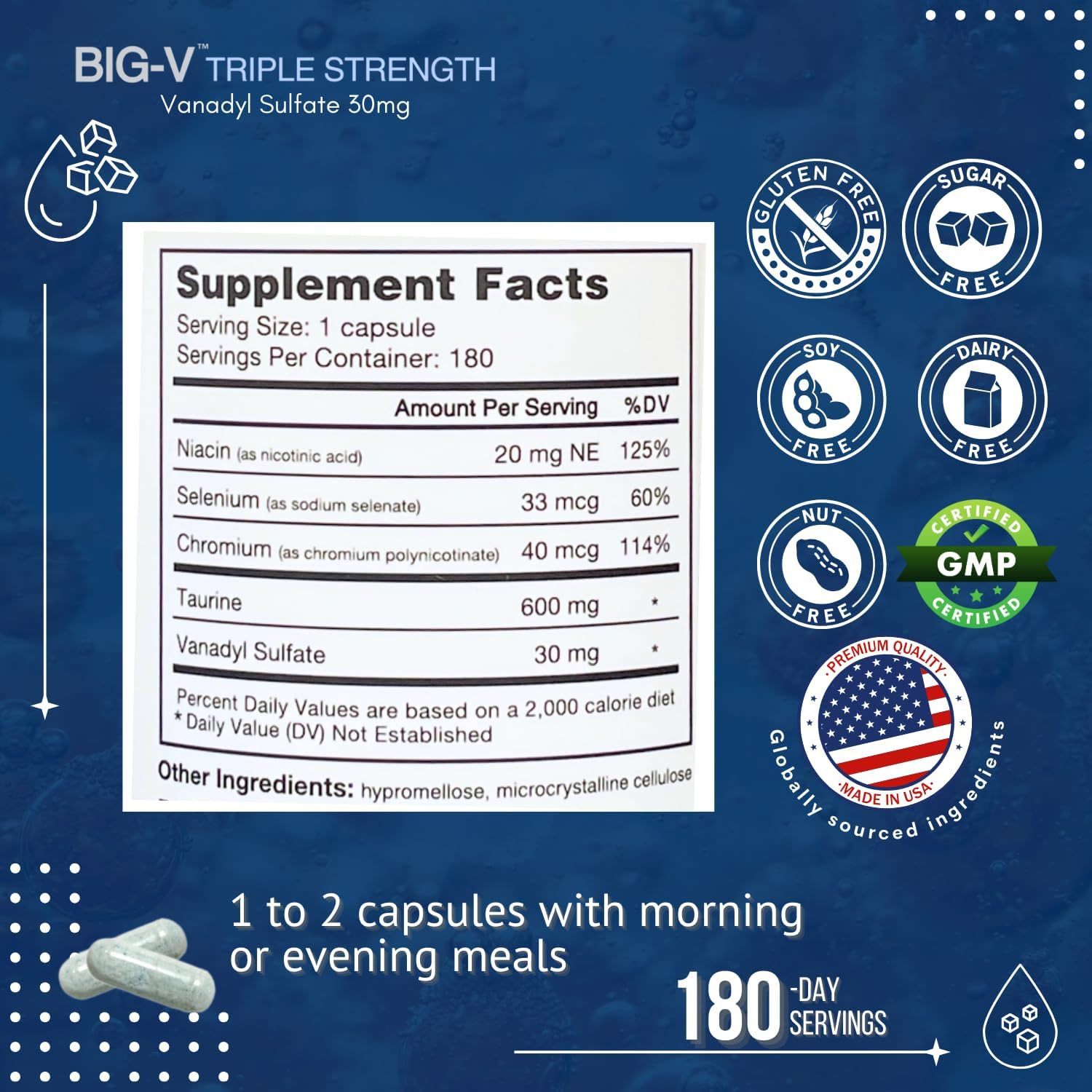 Big-V Triple Strength Vanadyl Supplement: Vanadyl Sulfate 30 mg, Taurine 600 mg, Selenium, Chromium and Niacin, Blended Mineral Supplement, 180 Capsules (180 Servings)