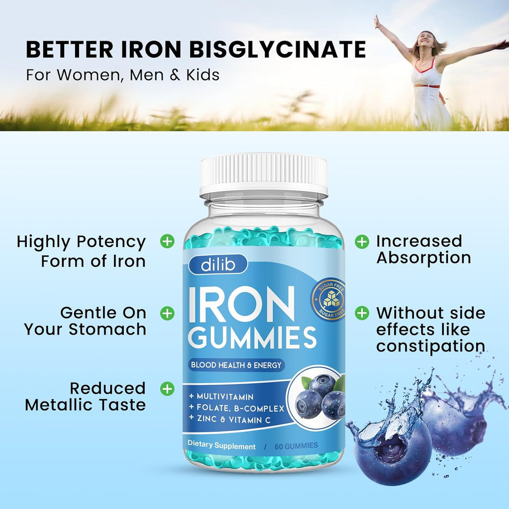 Iron Gummies with Multivitamin, Iron Supplement for Women & Men with Zinc, Vitamin B Complex & C, B12, Folate - Blood Builder & Energy Support for Adults & Kids - Blueberry Flavor, Vegan 60 Gummies