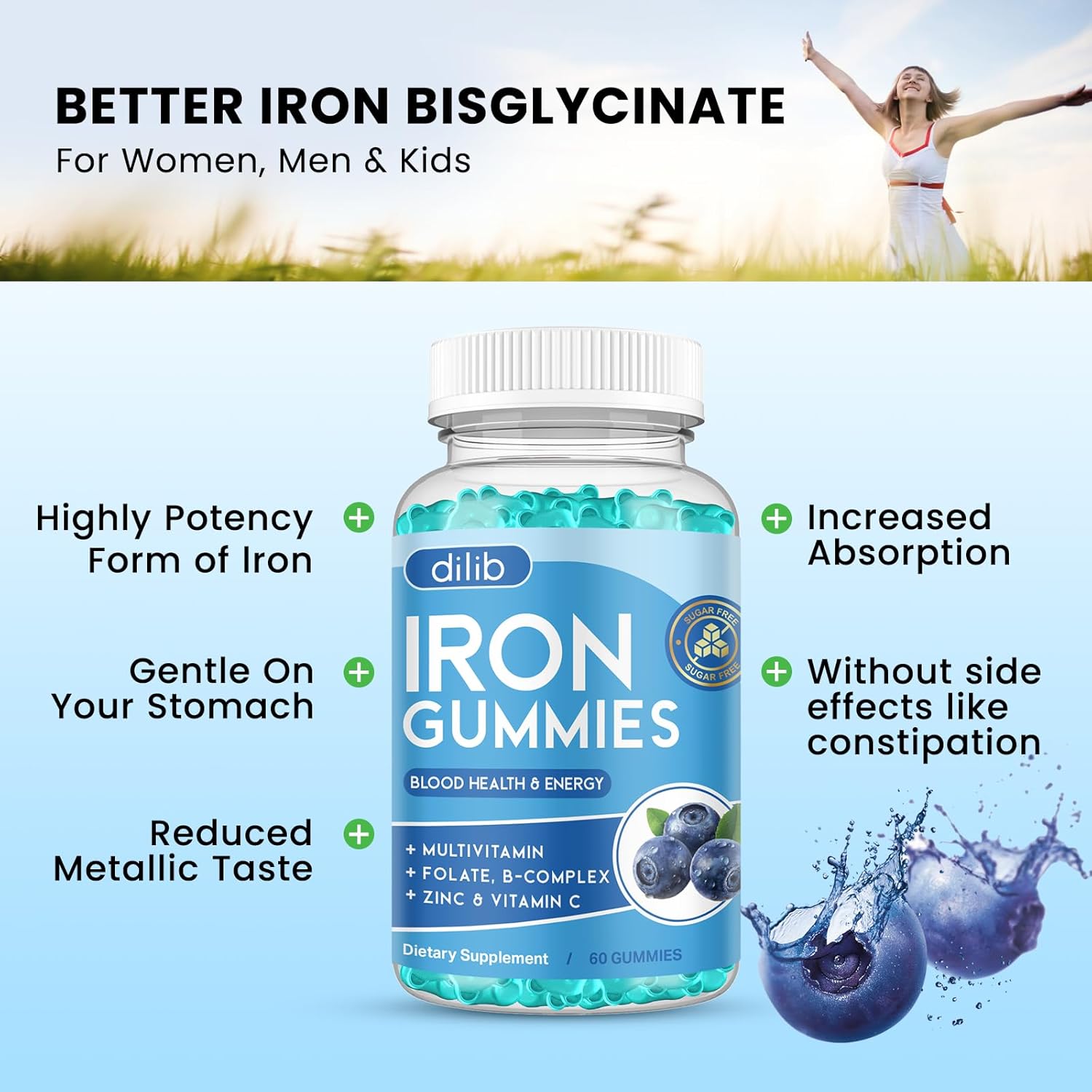 Iron Gummies with Multivitamin, Iron Supplement for Women & Men with Zinc, Vitamin B Complex & C, B12, Folate - Blood Builder & Energy Support for Adults & Kids - Blueberry Flavor, Vegan 60 Gummies