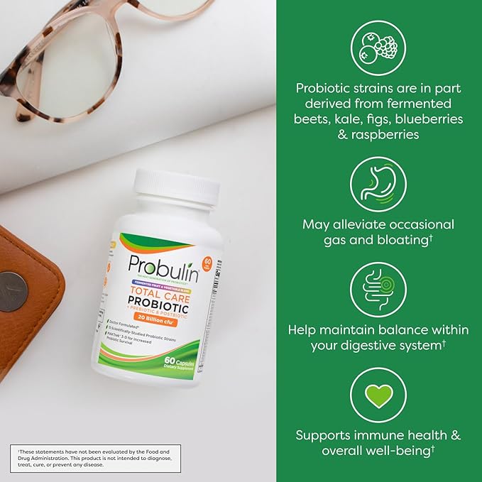 Probulin Total Care Probiotic Supplement, Daily Gut, Digestive, and Immune Health Probiotics Capsules for Men and Women, 20 Billion CFU, Vegan, 60 Count Bottle
