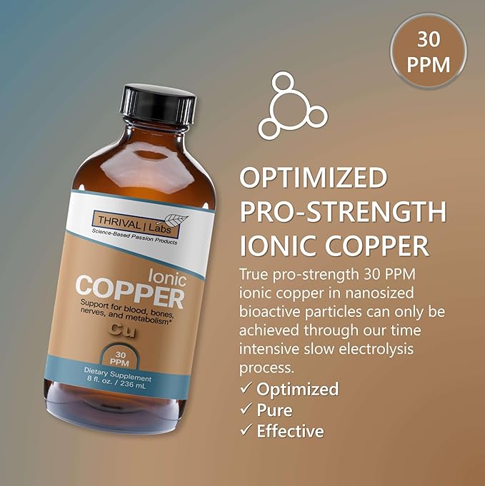 Ionic Copper Drops 30 PPM – Premium Bioavailable Liquid Copper Supplement for General Wellness & Trace Mineral Support – Amber Glass Bottle with Dropper – 8 fl oz