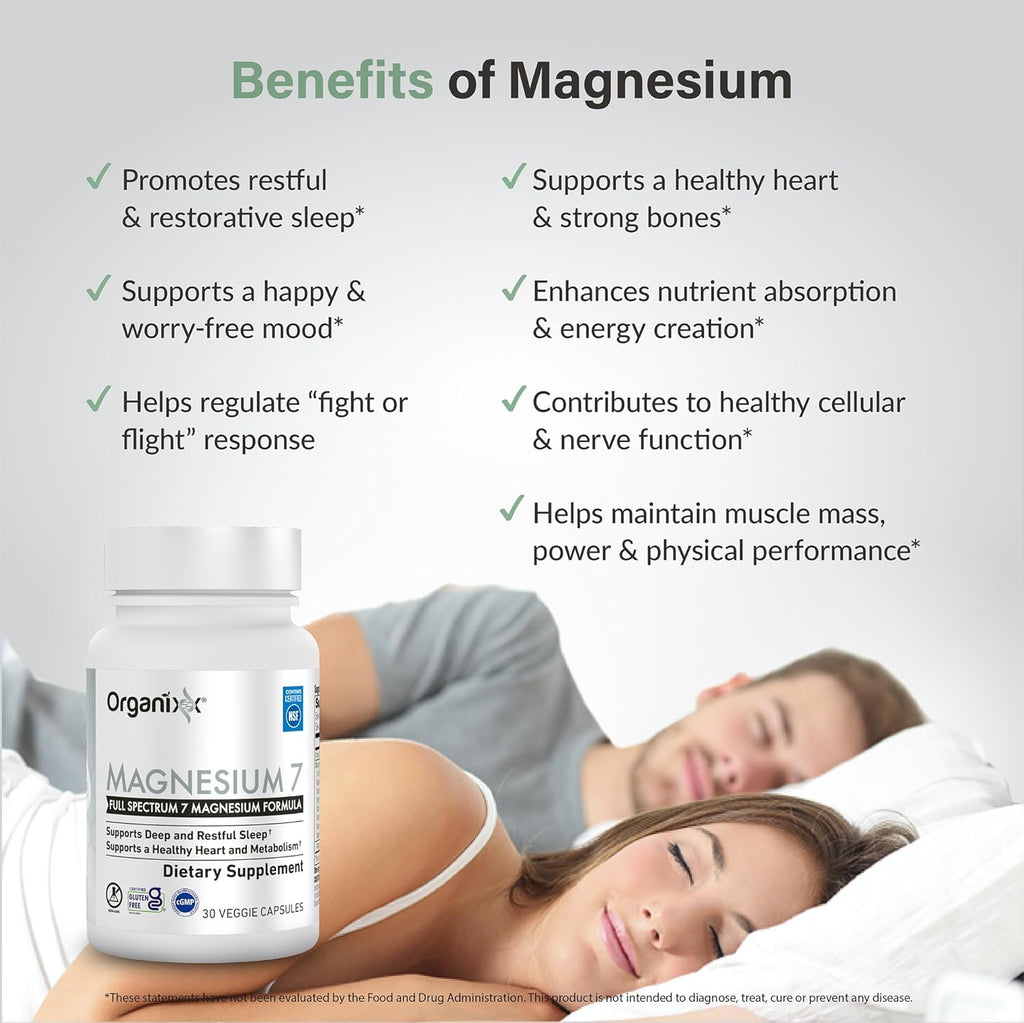 Organixx Magnesium Supplement, Natural Magnesium Capsules for Sleep Support, Muscle Recovery, with Vitamin B6 and Manganese Citrate and Glycinate, High Absorption, Vegan, Non GMO (30 Count)