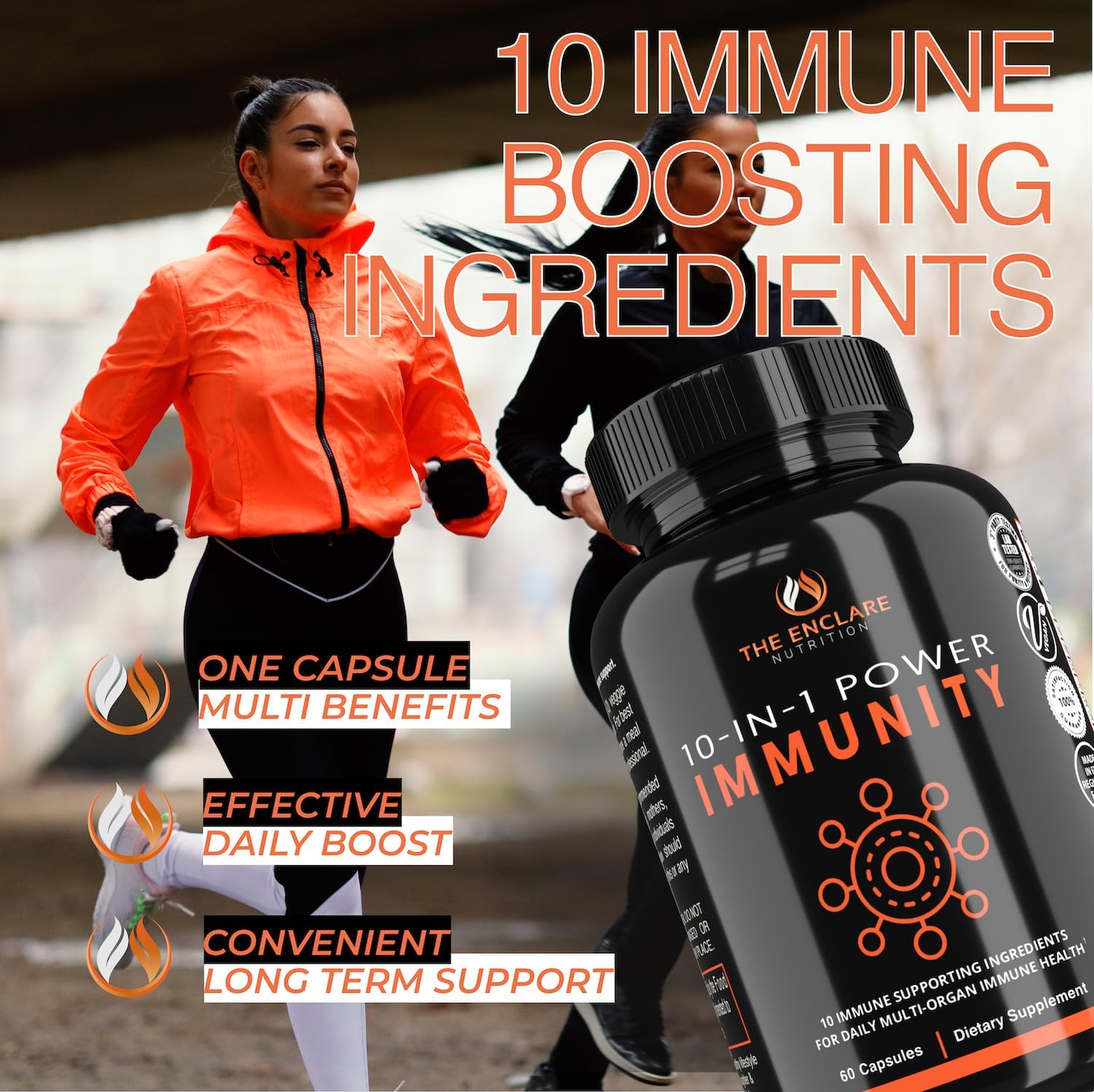 THE ENCLARE NUTRITION 10 in 1 Immune Support Booster Supplement with Echinacea, Vitamin C and Zinc, Turmeric, Ginger, B6, Elderberry for Adults Immunity Defense Vitamins, Made in USA Veg Cap 60 Ct (1)