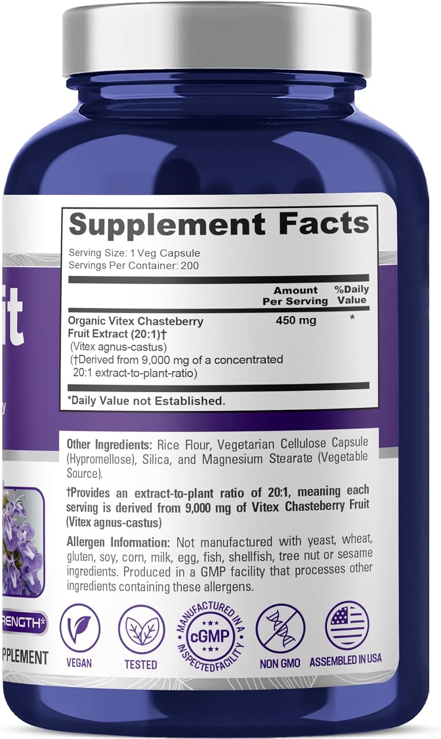 NusaPure Vitex Chasteberry Fruit 20:1 Extract, 450 mg Equivalent to 9,000 mg 200 Vegan Capsules - Non-GMO, Vegan Dietary Supplement