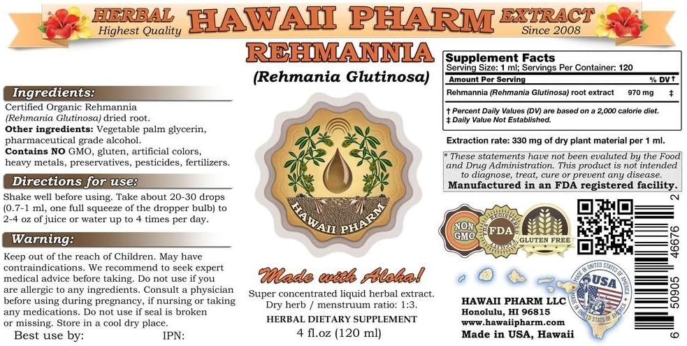 Rehmannia Liquid Extract, Organic Rehmannia (Rehmania Glutinosa) Tincture, Herbal Supplement, Hawaii Pharm, Made in USA, 32 fl.oz