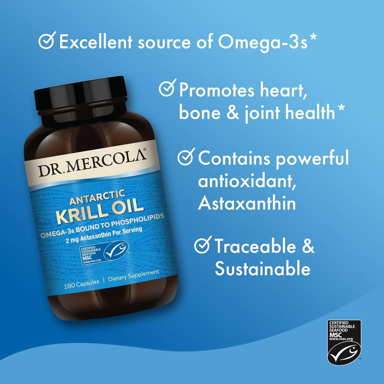 Dr. Mercola Antarctic Krill Oil - 1,000 mg - Omega-3 Supplement with EPA & DHA - Supports Brain, Heart, Joint & Immune Health - GMO-Free, Gluten-Free & Soy-Free - 180 Capsules (90 Servings)