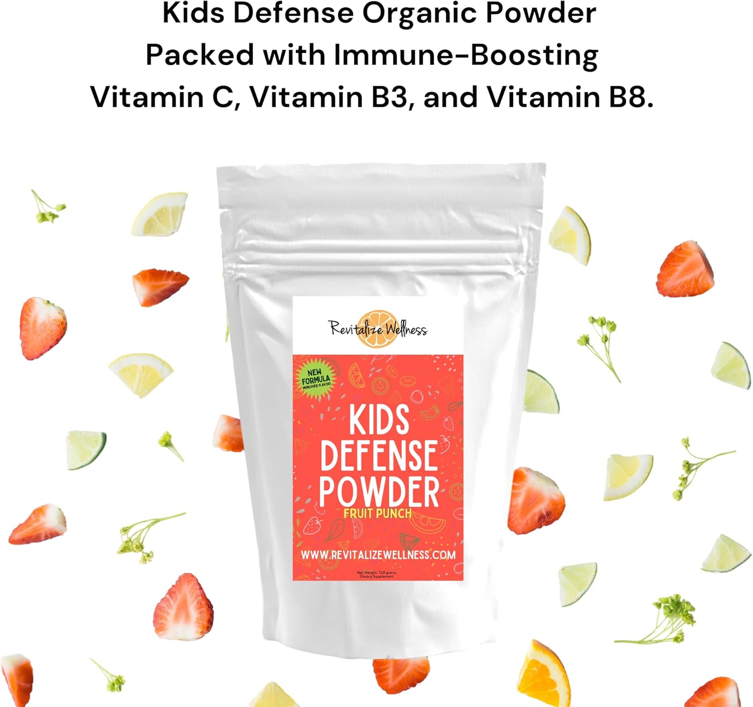 Kids Defense Powder | New Formula, Improved Flavor | Orthomolecular Dose of 1000 mg Vitamin C and 250 mg B3 | Pure, Corn Free, & GMO-Free | Fruit Punch Flavor | 120 Servings