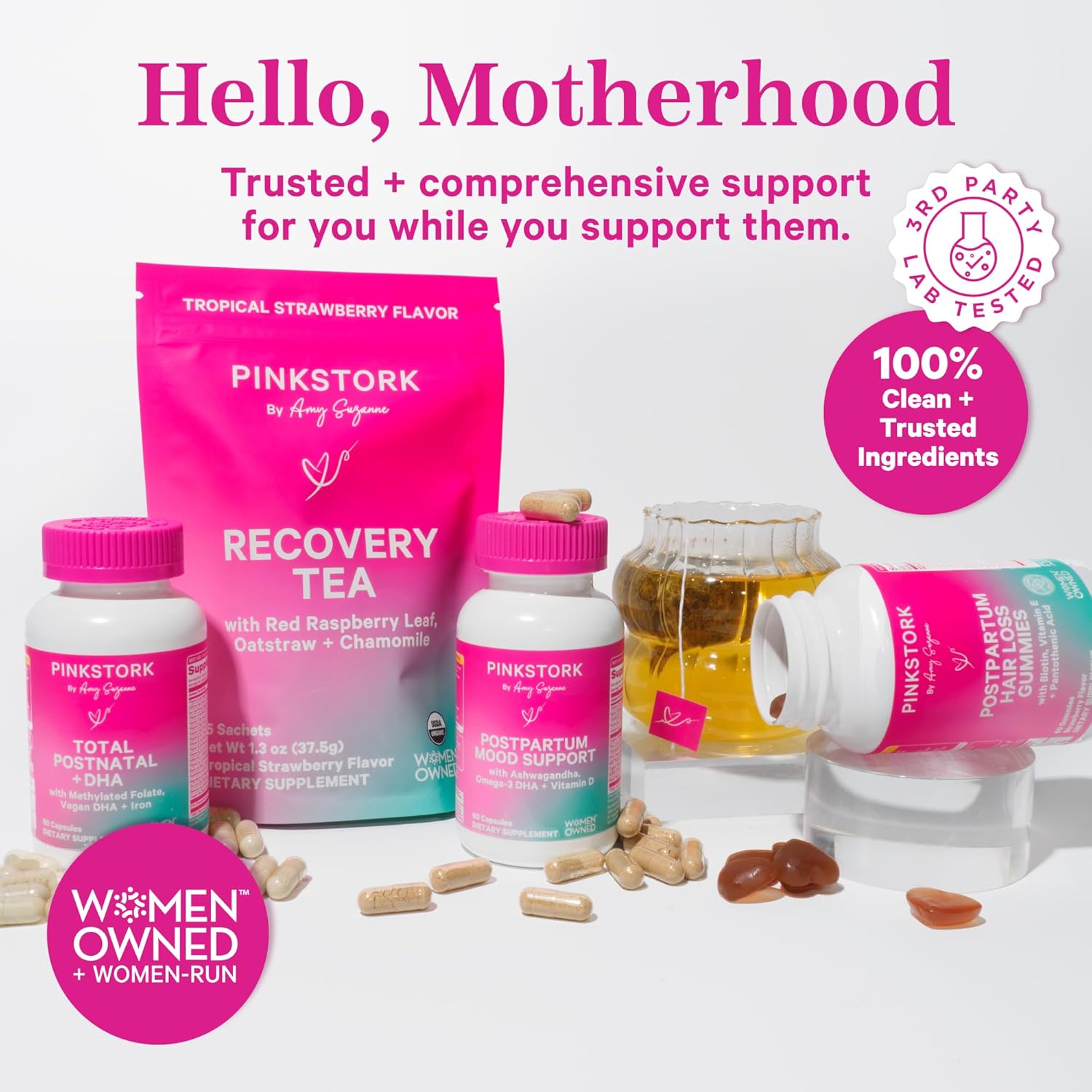 Pink Stork Postpartum Recovery Herbal Tea, Organic Red Raspberry Leaf with Chamomile, Hormone Balance for Women After Labor & Delivery, Strawberry, Postpartum Essentials, Caffeine-Free, 15 Sachets