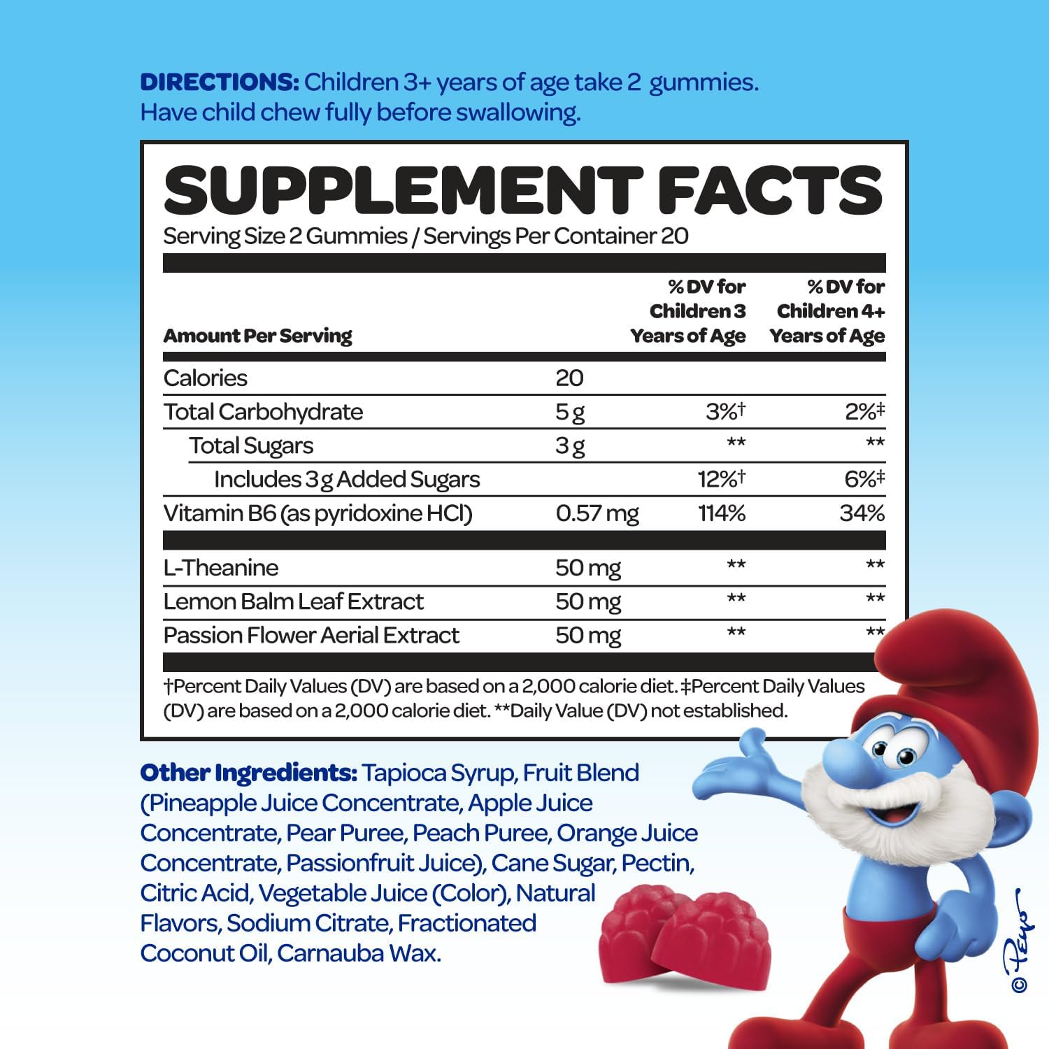 Smurfs Kids Calm Gummies | Calming Gummies for Kids with Lemon Balm & L Theanine | Made with Real Fruit | Doctor Developed | Gelatin Free Non-GMO No Artificial Flavors or Colors | 20 Servings