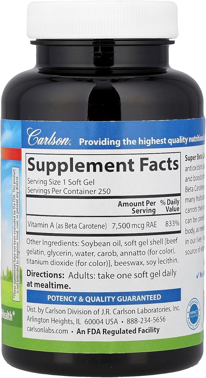 Carlson Labs Super Beta-Carotene from Dunaliella Salina, 250 Softgels