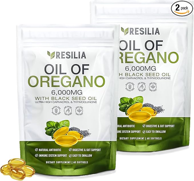 Softgels with Black Seed Oil 6000mg – Organic Oregano Oil Capsules for Immune & Digestive Support – Non-GMO, Gluten-Free Softgels – Natural Herbal Wellness Supplement Pack of 2