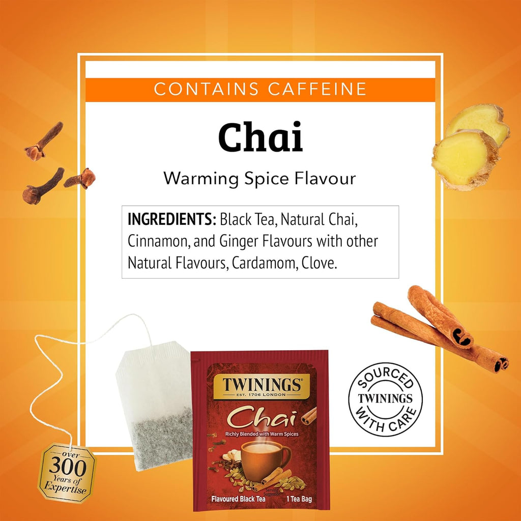 Twinings Chai Black Tea Individually Wrapped Bags, 100 Count (Pack of 1), Richly Blended with Warm Spices, Caffeinated, Enjoy Hot or Iced, 100 Teabags