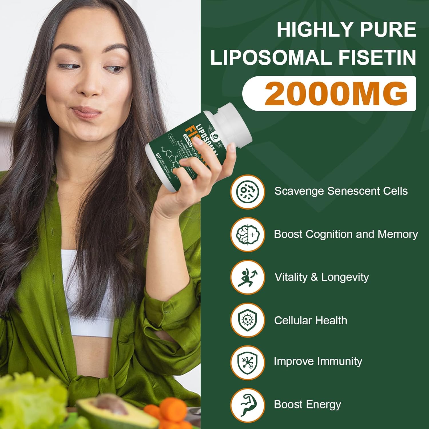 Liposomal Fisetin Supplement, 2000MG, 98% Pure Fisetin Polyphenols Antioxidants, with Quercetin, TMG and Resveratrol, for Healthy Aging, Cognitive Support, 60 Capsules