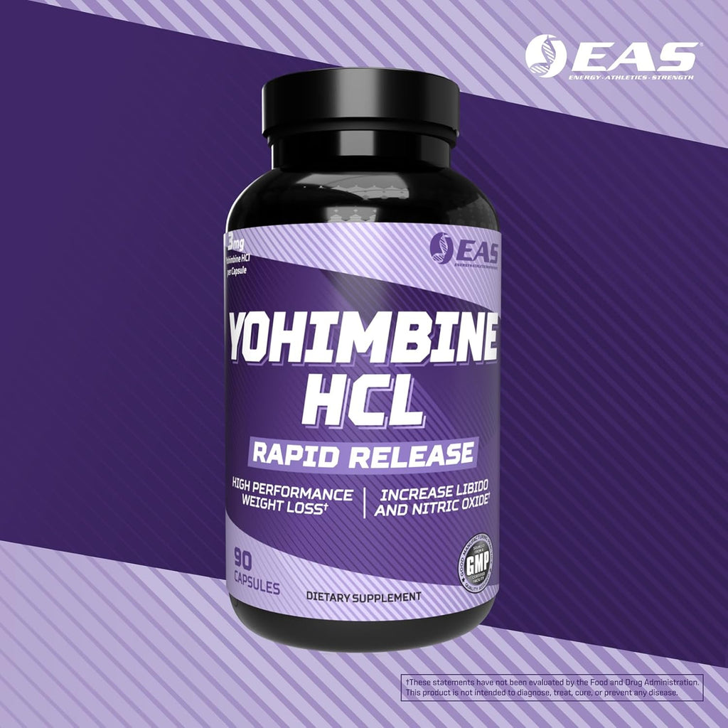 EAS Yohimbine HCL | Improved Weight Loss & Athletic Performance | Rapid Release Technology | Gluten Free, Non GMO, Vegetarian Friendly | 90 Capsules