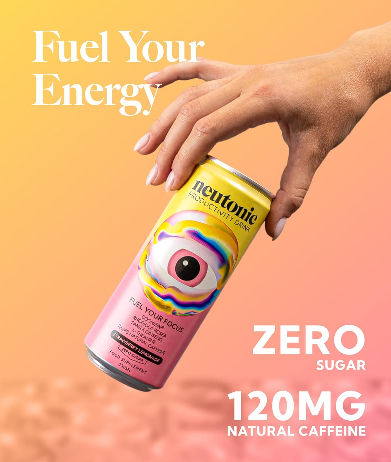 Neutonic Nootropic Productivity Energy Drink | Strawberry Lemonade 12 Cans | 120mg Natural Caffeine, Zero Sugar | Support Memory, Mental Clarity, Cognitive Function | Boost Focus, Energy, Brain Health