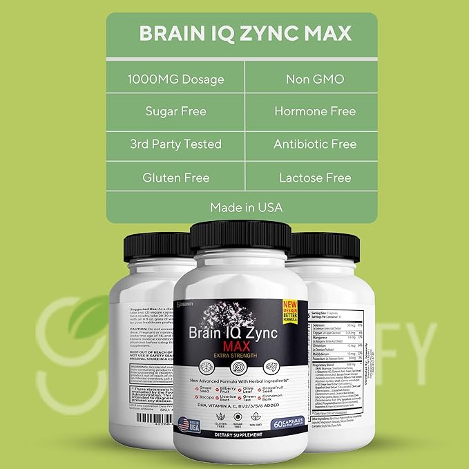 Brain IQ Zync Max - Natural Brain Support Supplement for Memory, Focus & Clarity - Clear Brain Fog & Boost Cognitive Function - 120 Capsules