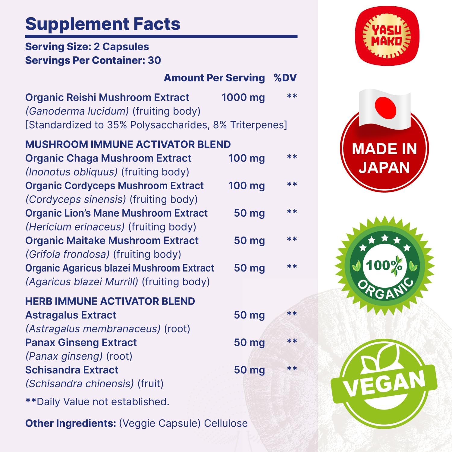 Japanese Reishi Mushroom Complex Supplement 1500mg - Reishi,Chaga,Cordyceps,Lion's Mane,Maitake,Agaricus Mushrooms Extract & 3 Herb,Organic Mushroom Capsules for Immune,Brain (Pack of 2)