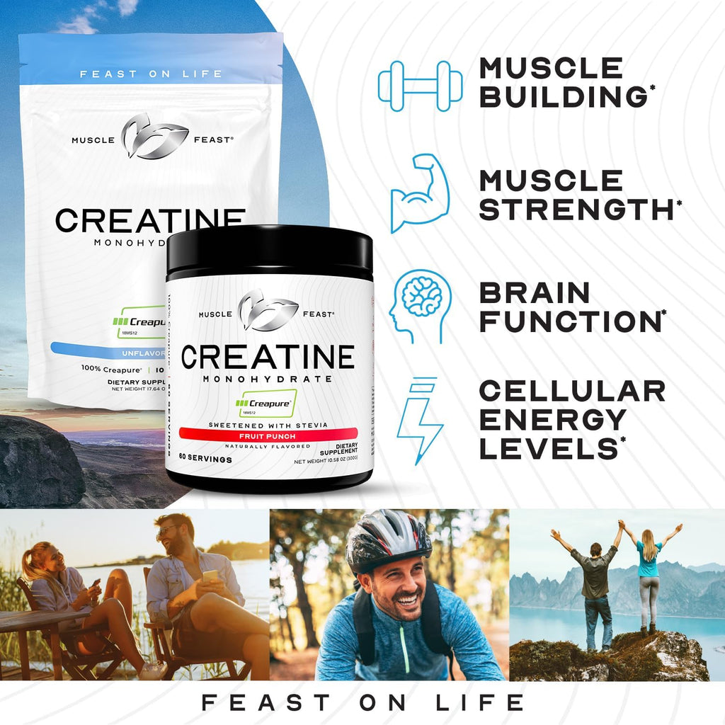 Muscle Feast Creapure Creatine Monohydrate Powder, Vegan Keto Friendly Gluten-Free Easy to Mix, Muscle Recovery Supplement, Creatine for Muscle Growth, Flavored Creatine, Natural Fruit Punch 300g