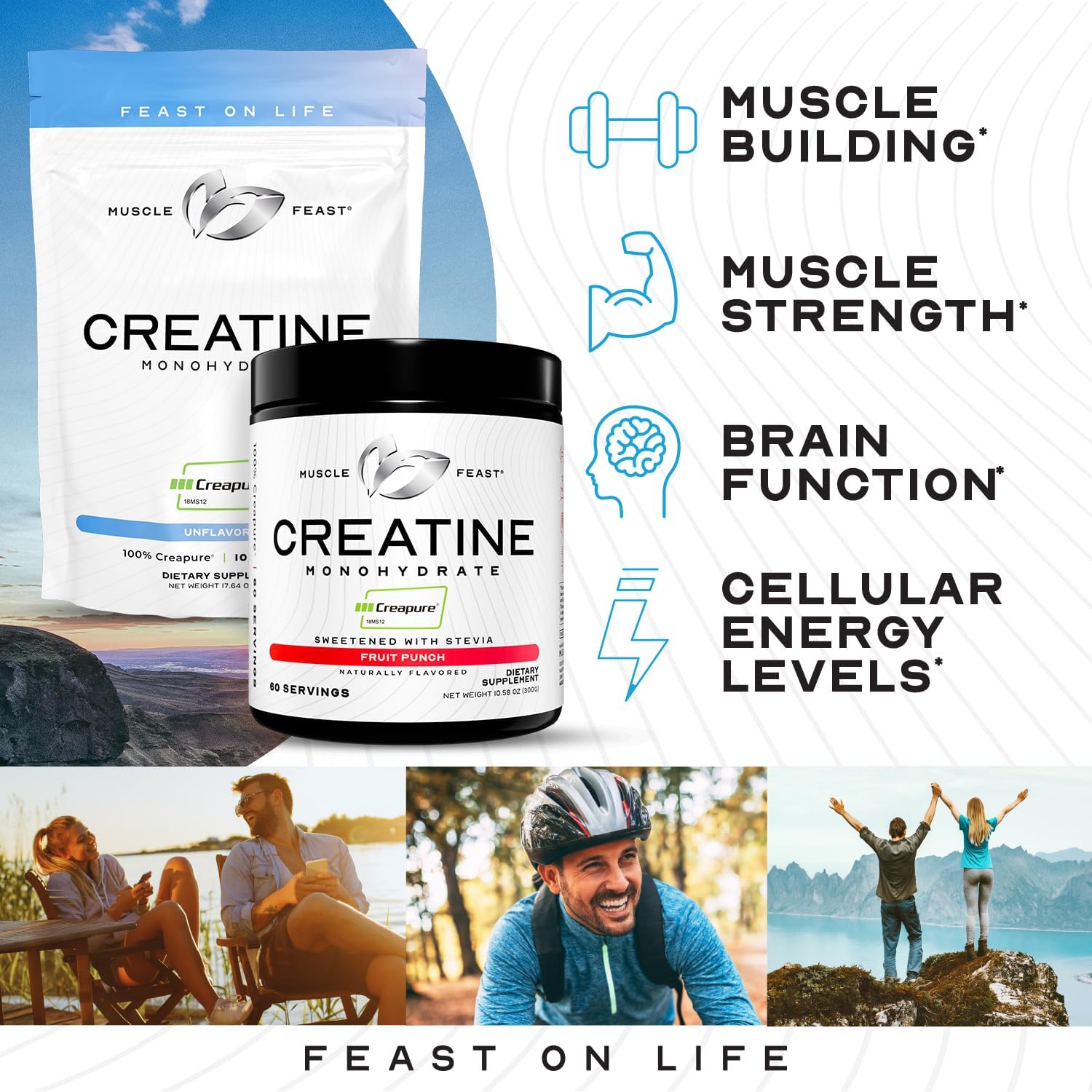 Muscle Feast Creapure Creatine Monohydrate Powder, Vegan Keto Friendly Gluten-Free Easy to Mix, Muscle Recovery Supplement, Creatine for Muscle Growth, Flavored Creatine, Natural Fruit Punch 300g
