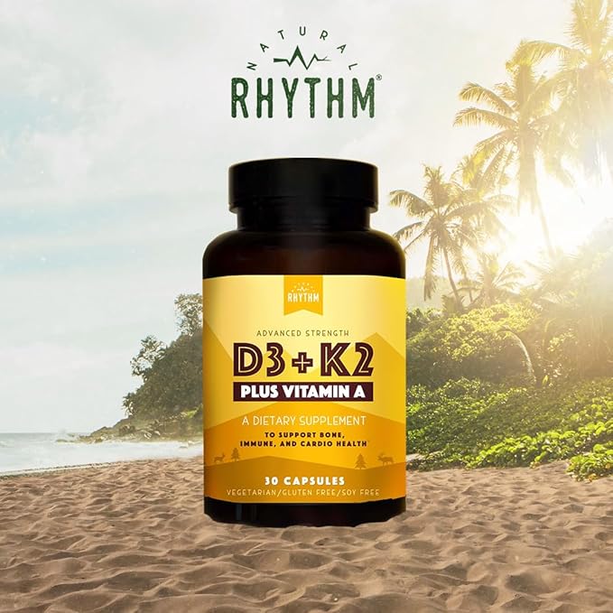 Natural Rhythm Vitamin D3 5000 IU + K2 MK-7 Plus Vitamin A – Bone & Immune Support Supplement, Supports Calcium Absorption & Cardiovascular Function, Vegetarian Capsules (30 Count)