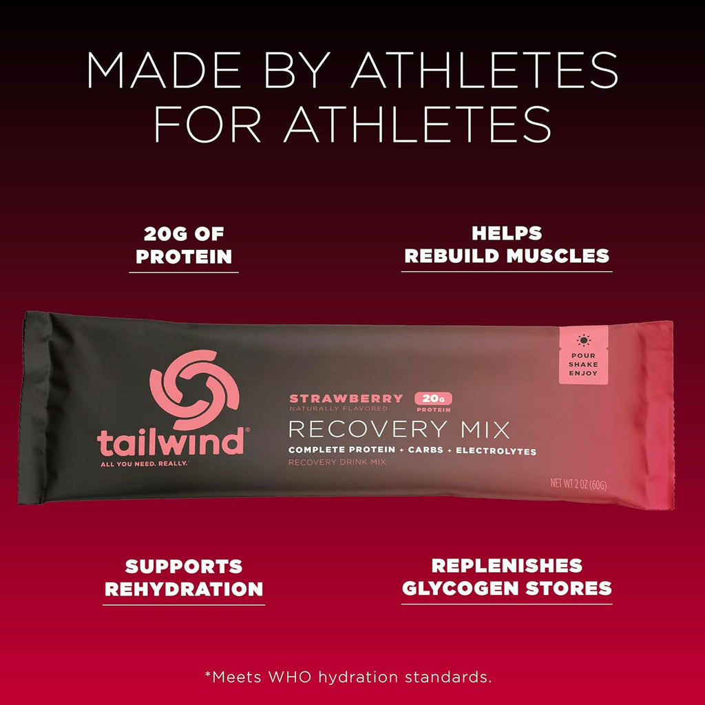 Tailwind Nutrition Recovery Mix, 20 Grams Complete Protein, Carbohydrates, and Electrolytes Powder Drink Mix for Post-Workout, Free of Gluten, Soy, and Dairy, Vegan, 12 Servings, Strawberry