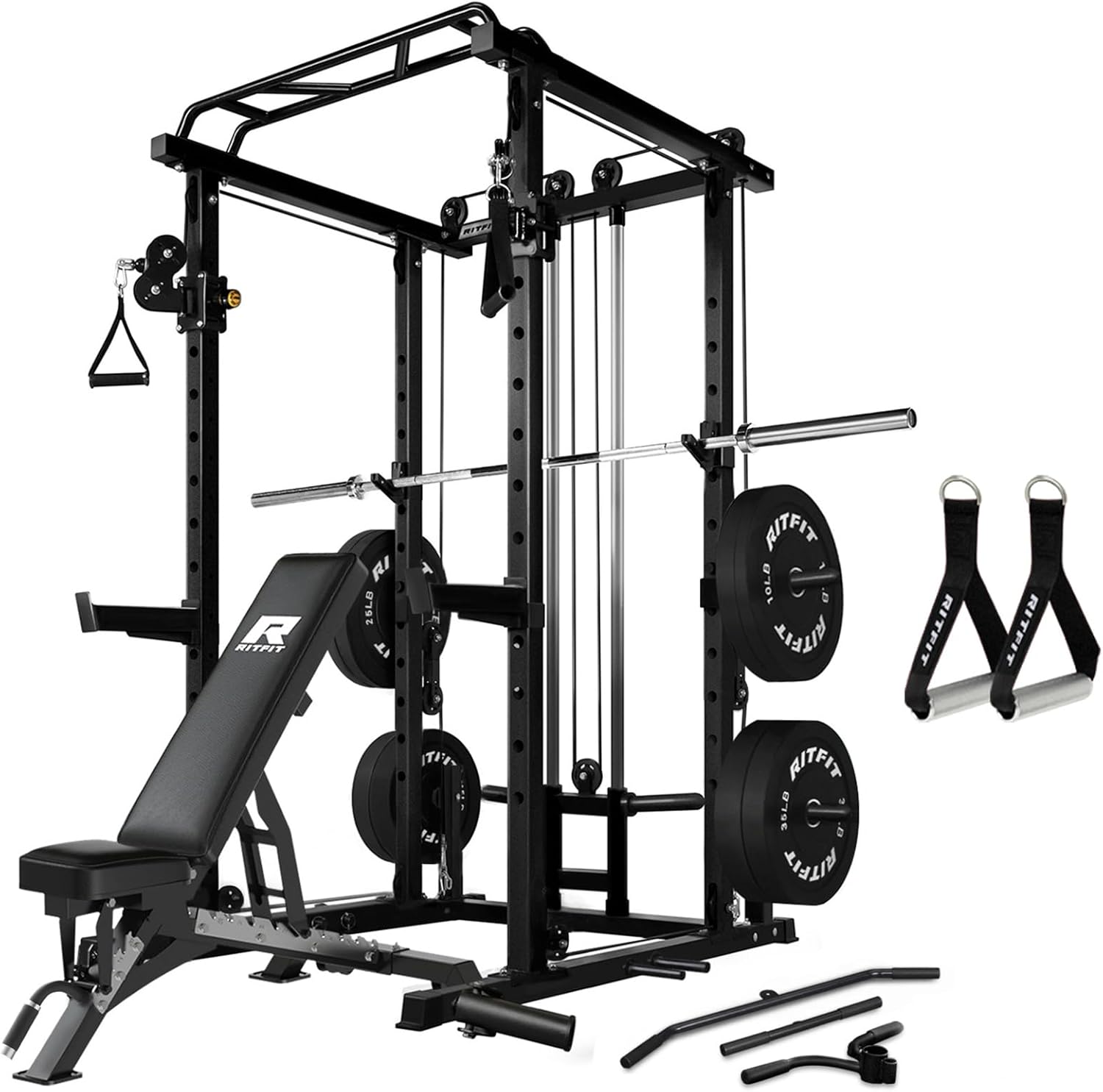 RitFit Multi-Function Squat Rack Power Cage PPC03 with Cable Crossover System, 1000LBS Capacity Power Rack and Packages with Optional Weight Bench, Barbell Weight Set, for Garage Workout & Home Gym