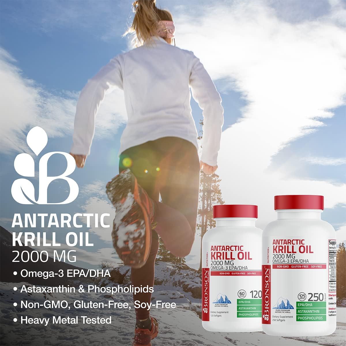 Bronson Antarctic Krill Oil 2000 mg with Omega-3s EPA, DHA, Astaxanthin and Phospholipids, 250 Softgels (125 Servings)