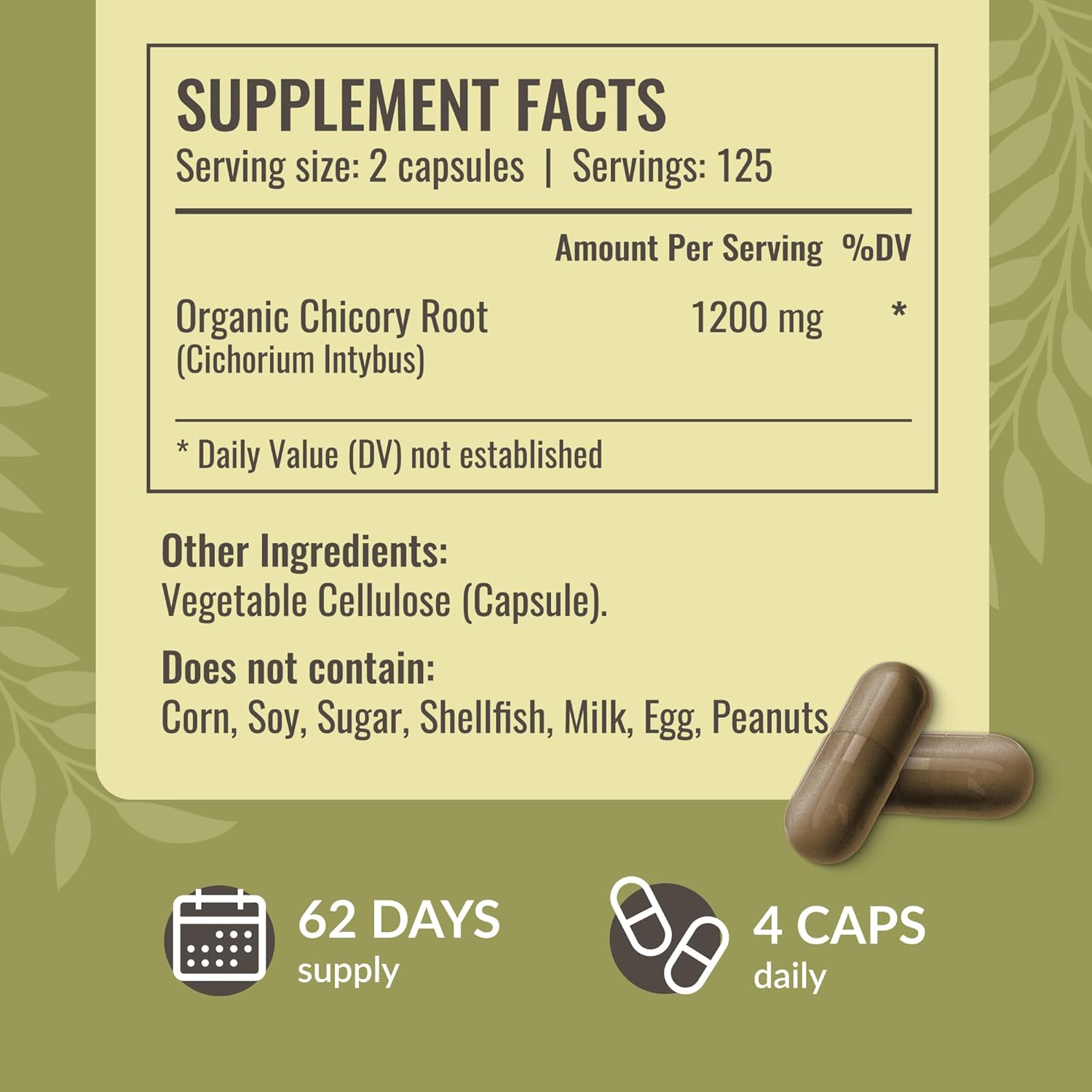 HERBAMAMA Chicory Root Fiber Capsules - 1200mg Chicory Root Powder for Gut Cleanse & Digestive Support - Vegan, Non-GMO Inulin Prebiotic Fiber Supplement, 250 Caps