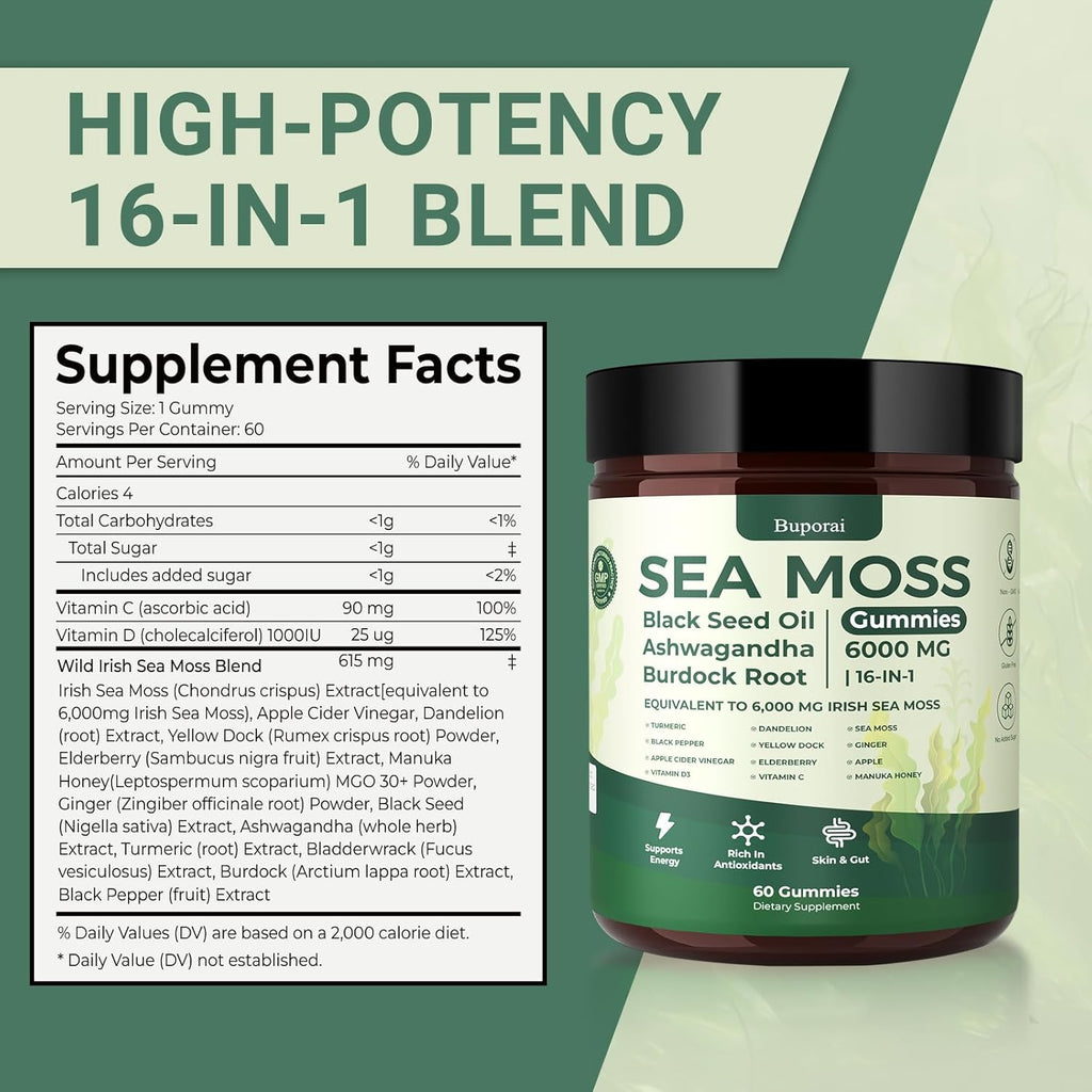 Sea Moss Gummies 16-1, Black Seed Oil Ashwagandha Turmeric Bladder Wrack Vitamin C Vitamin D3 Elderberry Manuka Dandelion Yellow Dock Apple Cider Vinegar for Men & Women
