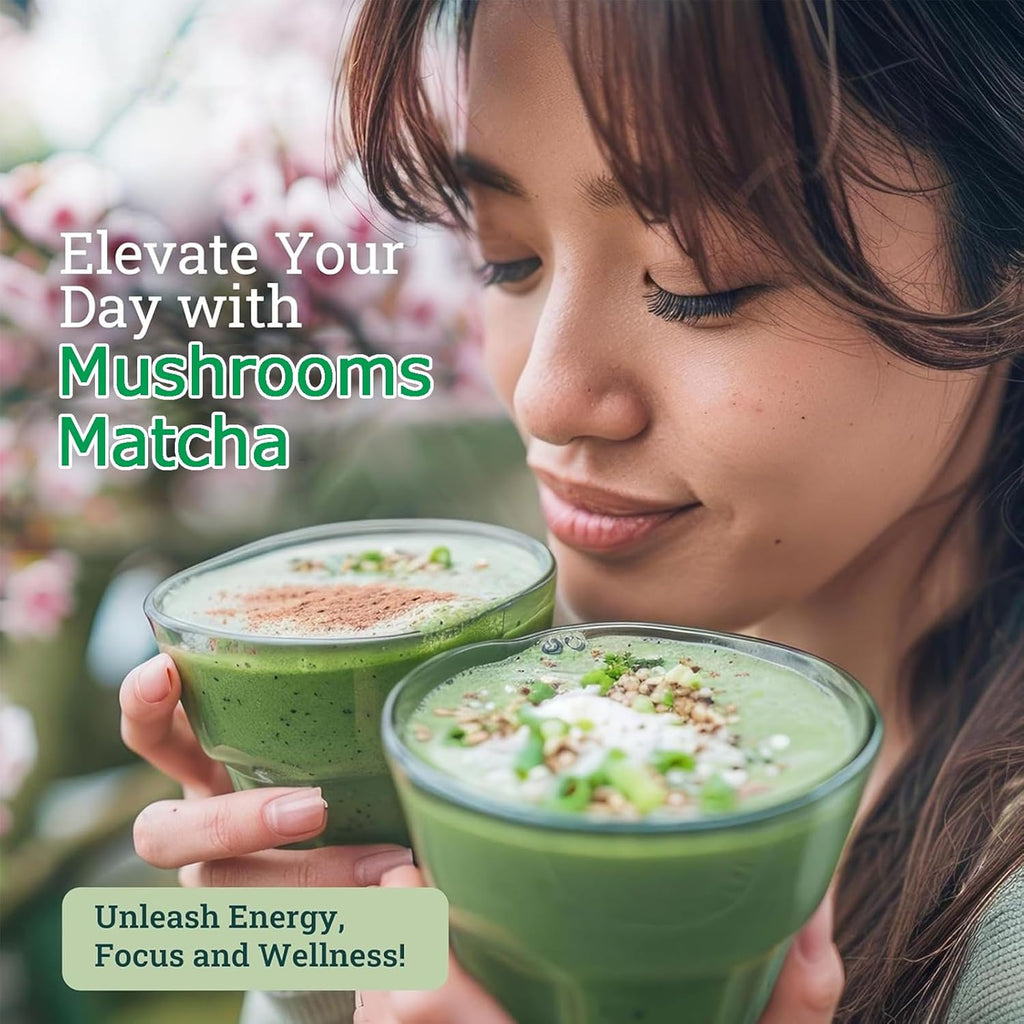 Mushroom Matcha, Ceremonial Matcha Tea Powder with 7 Superfood Mushrooms, Gluten Free, Taste Great Hot or Cold Matcha Latter - 150g 30 Serving