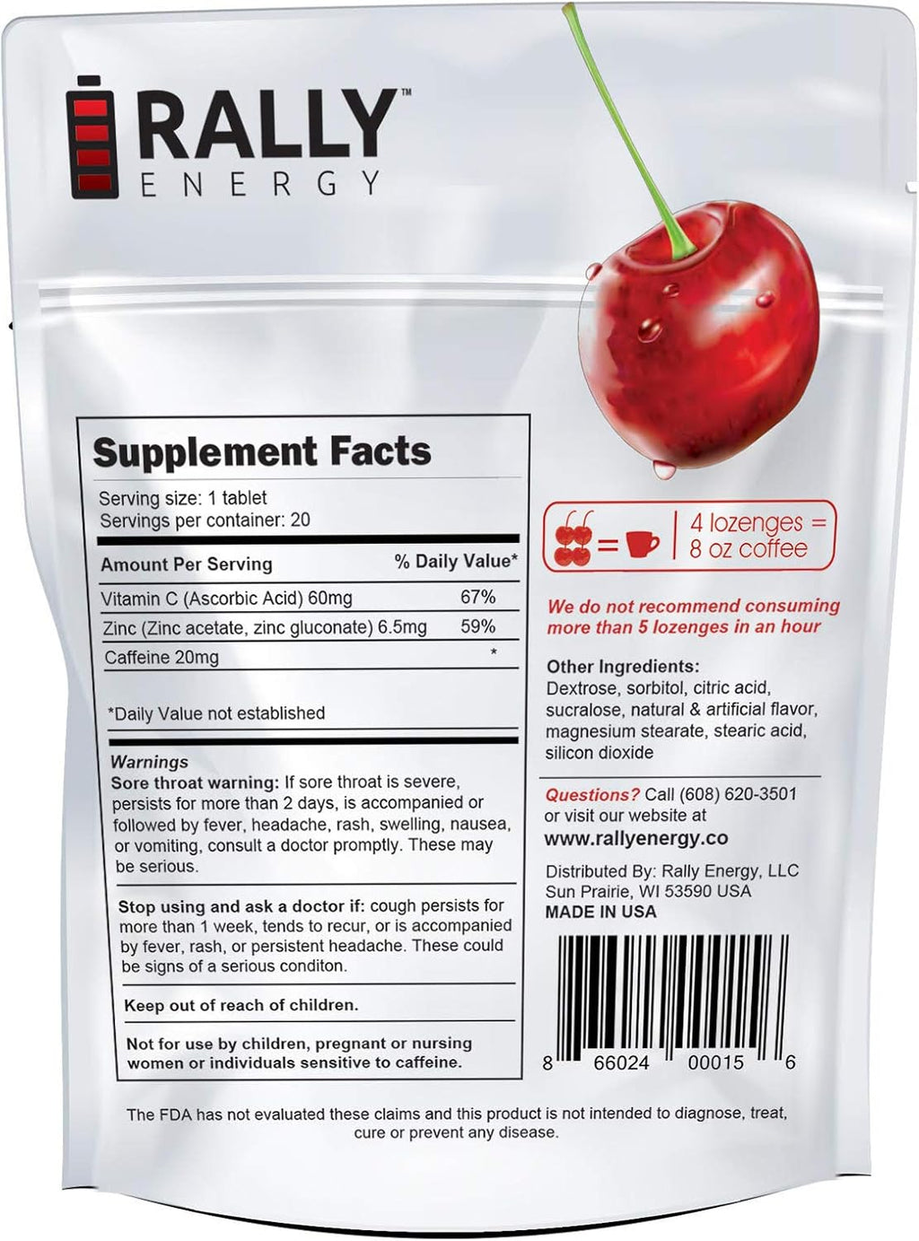 Cherry Flavor Cough Drops by Rally Energy, Cough Relief with Caffeinated Zinc Reinforced Lozenges, Boost Your Energy, Focus, and Productivity - Zero Calorie Throat Lozenges (20 Units)