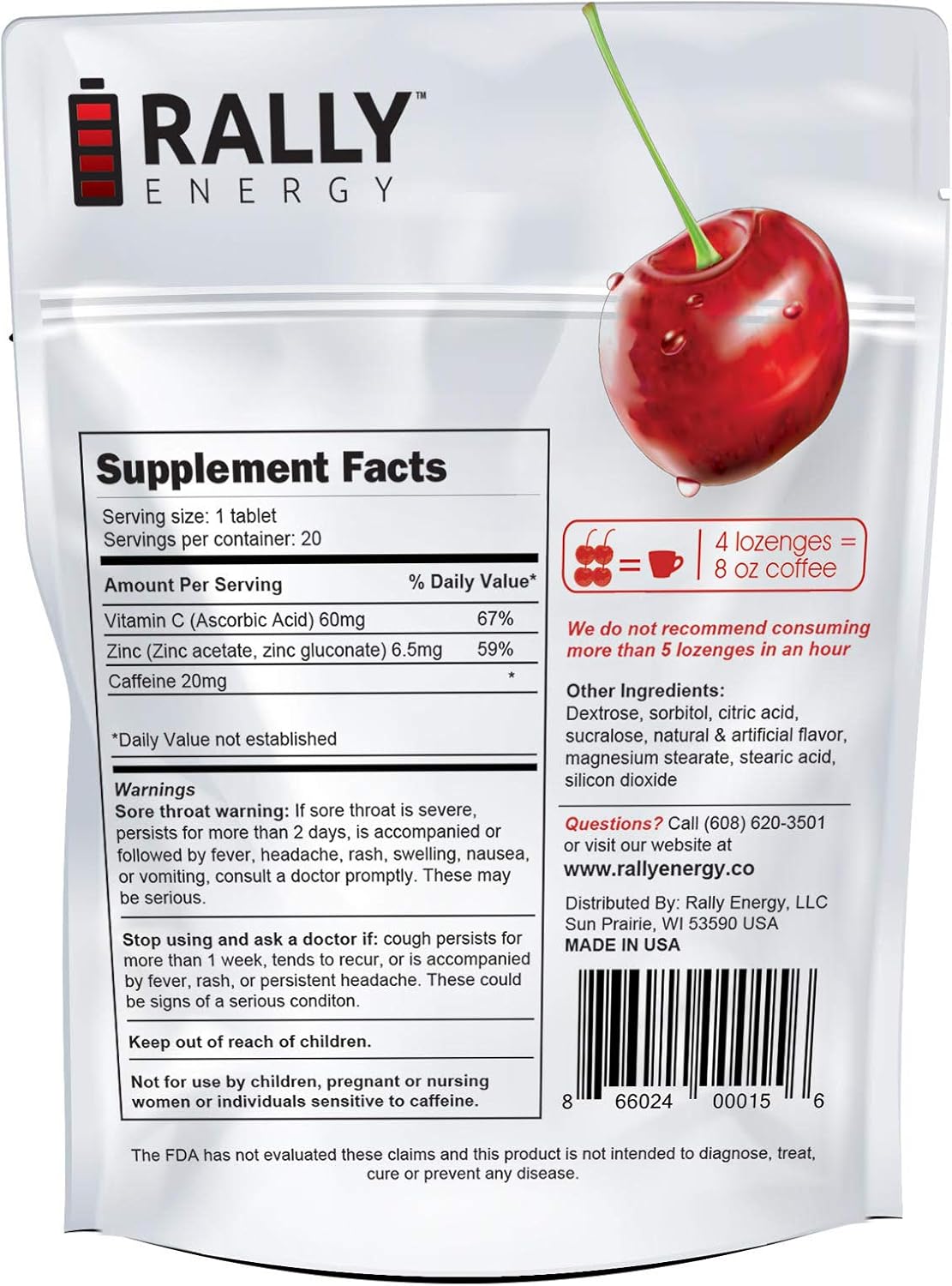 Cherry Flavor Cough Drops by Rally Energy, Cough Relief with Caffeinated Zinc Reinforced Lozenges, Boost Your Energy, Focus, and Productivity - Zero Calorie Throat Lozenges (20 Units)