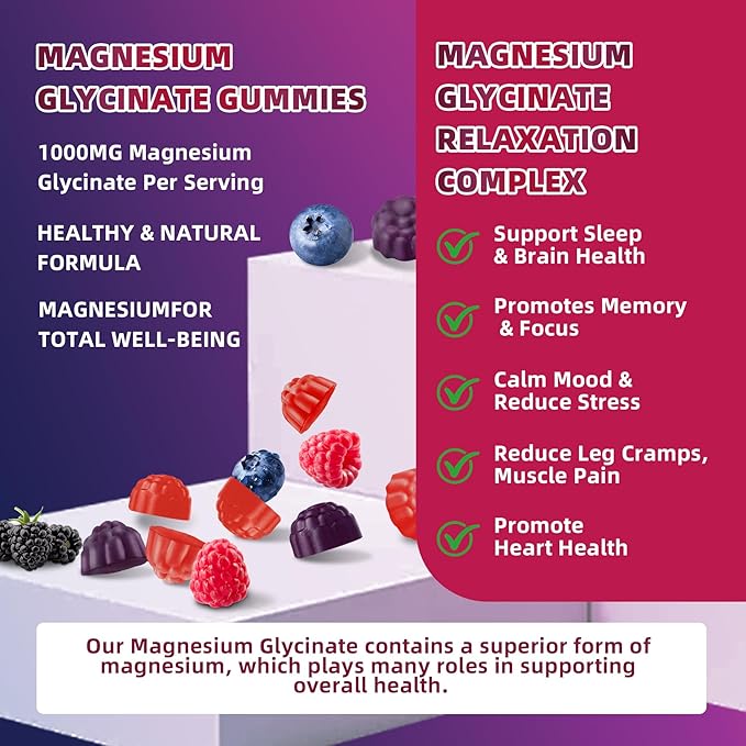120 CT Magnesium Glycinate Gummies 1000 mg for Women and Men, Magnesium Malate & Taurate Supplements for Sleep, Body Support and Relaxation, Sugar Free, Vegan, Raspberry BlackBerry Blueberry Flavor