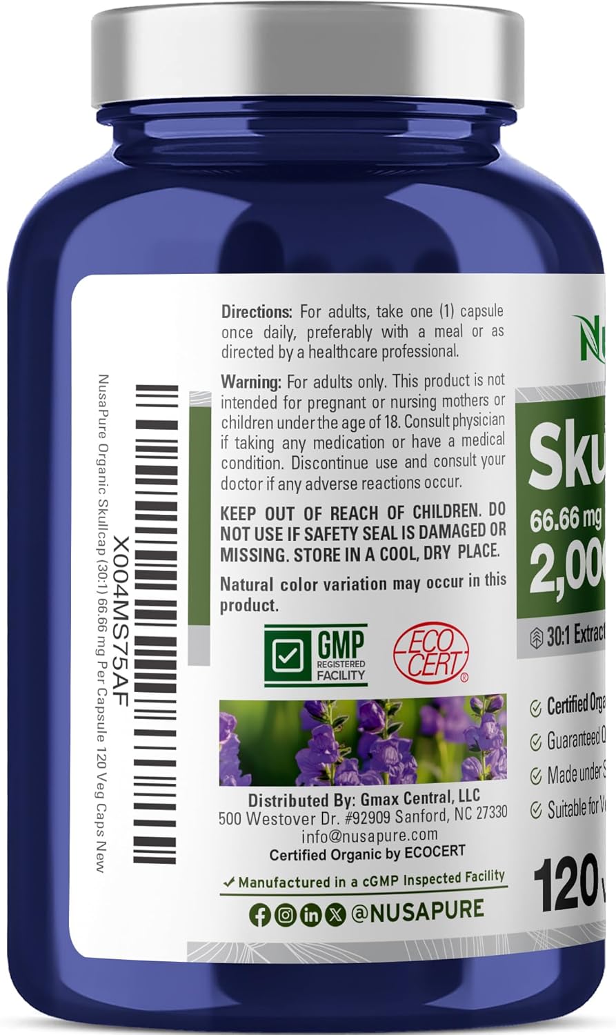 NusaPure Organic Skullcap Root 30:1 Extract, 66.66 mg Equivalent to 2,000mg Per Veggie Caps 120 Count (Non-GMO, Vegan)