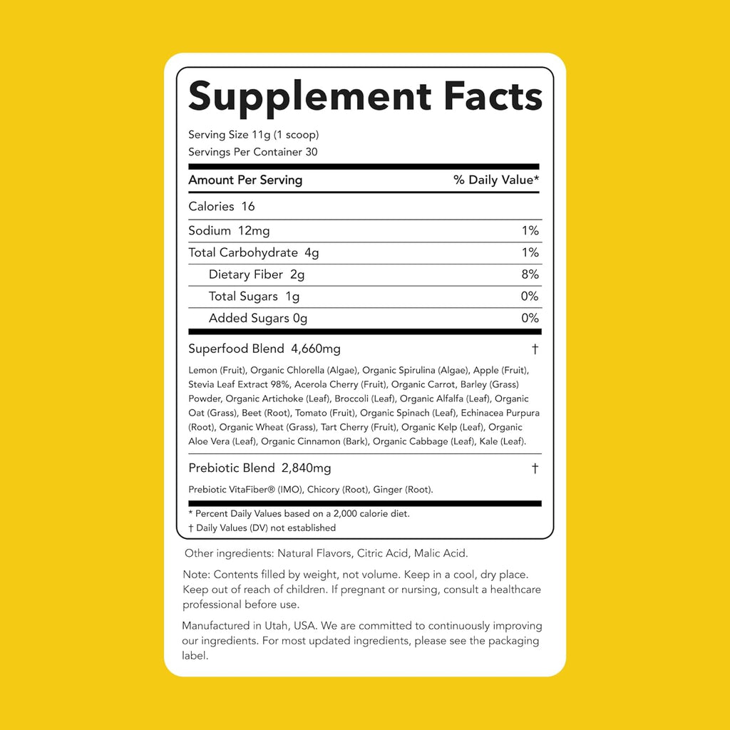 Clean Simple Eats Super Greens Powder, Naturally Flavored Greens Powder with Chlorella, Spirulina, Superfoods & Prebiotic Fiber, No Artificial Ingredients, Gluten Free, Sweet Lemon Flavor, 30 Servings