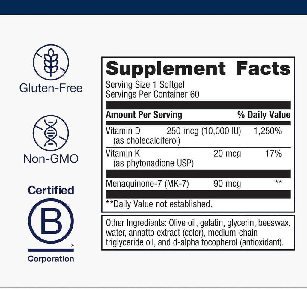 Metagenics Vitamin D3 + K - for Artery Health, Immune Support, Bone & Heart Health* - Vitamin D with MK-7 (Vitamin K2) - Non-GMO - Gluten-Free - 60 Softgels - 10,000 IU