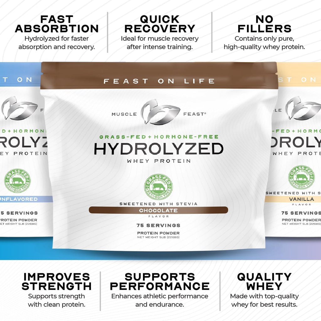 Muscle Feast Hydrolyzed Whey Protein Powder, Grass Fed and All Natural Hormone-Free, Hydro Whey Powder for Men and Women, Gluten Free, Non-GMO, Delicious Hydrolyzed Protein Powder, Vanilla, 5lb